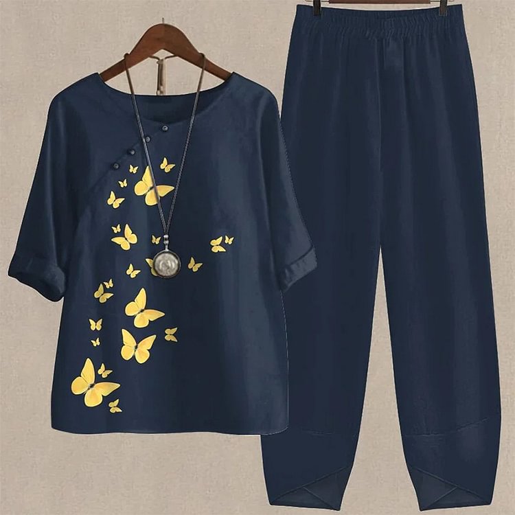 Comstylish Hot Stamped Butterfly Print Casual Two Piece Set