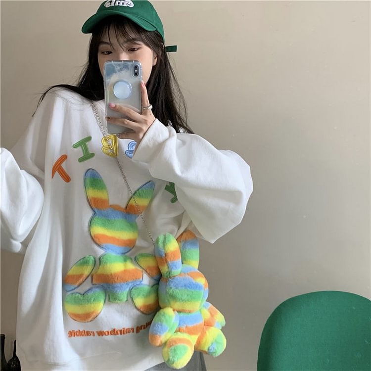 Oversized Chic Doll Embroidered Round Neck Hoodies Womens Autumn Clothes Women Korean Fashion Kawaii Sweatshirts Pullover - BlackFridayBuys