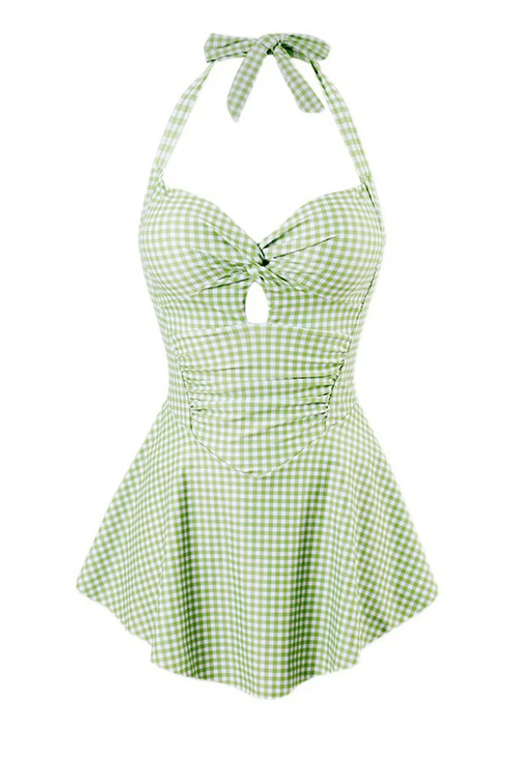1950s Green Vacation Plaid Halter Hollow Out Lace Up One Piece Swimsuit