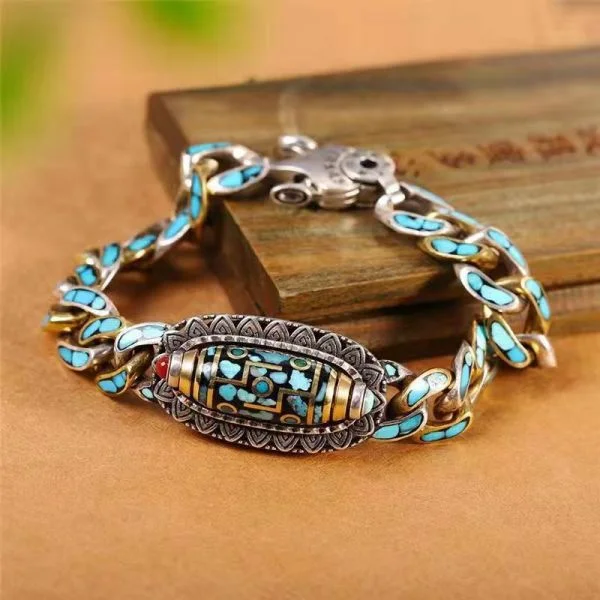 Sterling Silver Turquoise Inlaid Nine-eyed Dzi Curb Chain Bracelet
