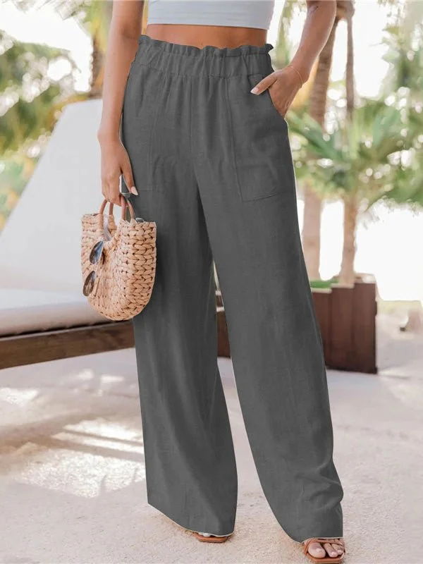 Women's Cotton Linen Pants Casual Ruffled Patch Pocket Wide-Leg Pants