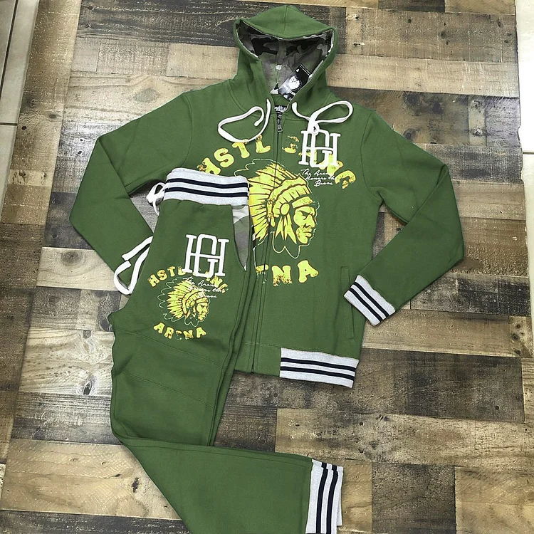 Fashion green hustle gang printed hooded suit