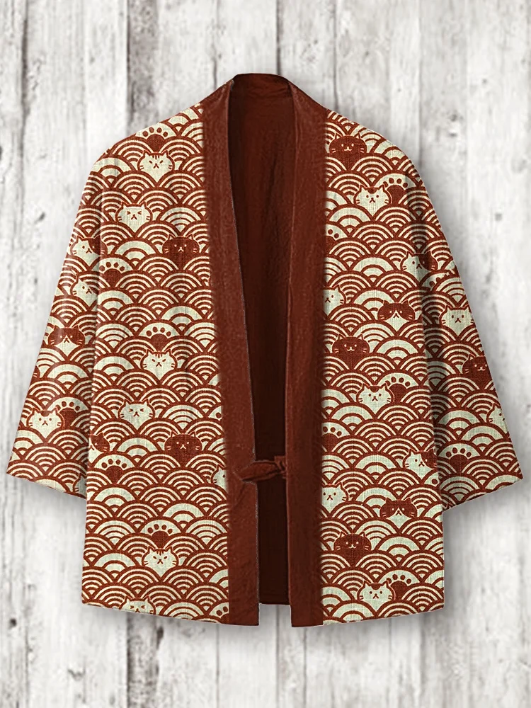 Comstylish Vintage Japanese Cats Print Cozy Linen Blend Kimono Cardigan