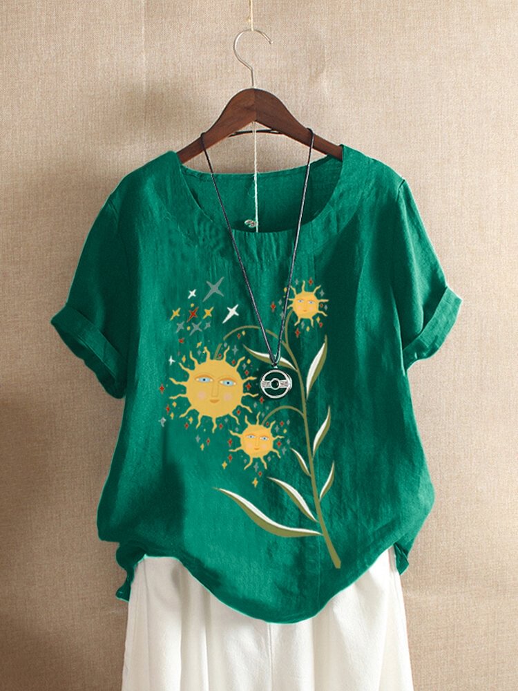 Ethnic Cartoon Sun Print Short Sleeve T shirt For Women P1659569