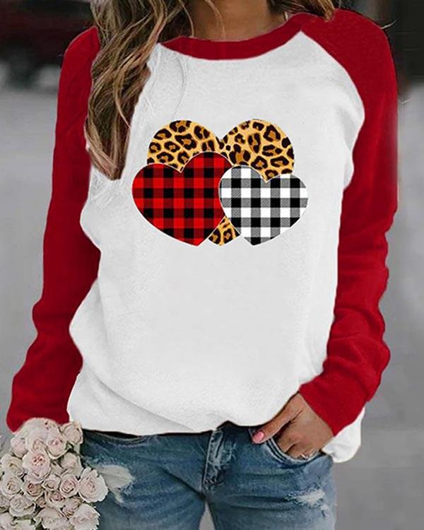 Heart Shaped Leopard Print Long Sleeves Color Block T-shirt