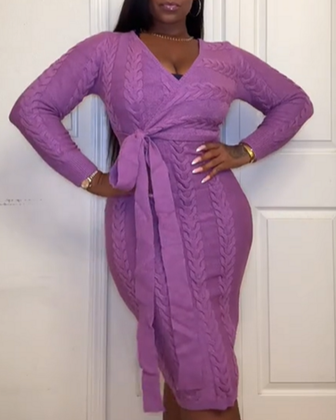 Deep V Neck Textured Long Sleeved Midi Length Knitted Dress With A Fitted Waist