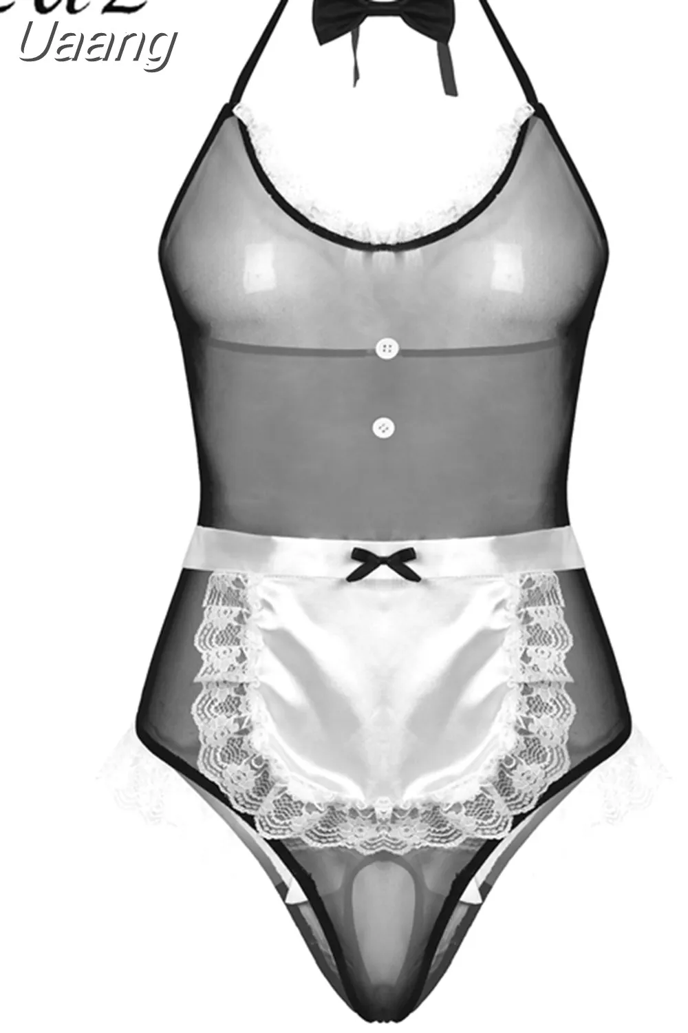 Uaang Mens Sexy Lingerie Set Maid Cosplay Costume Lace Trim Halter