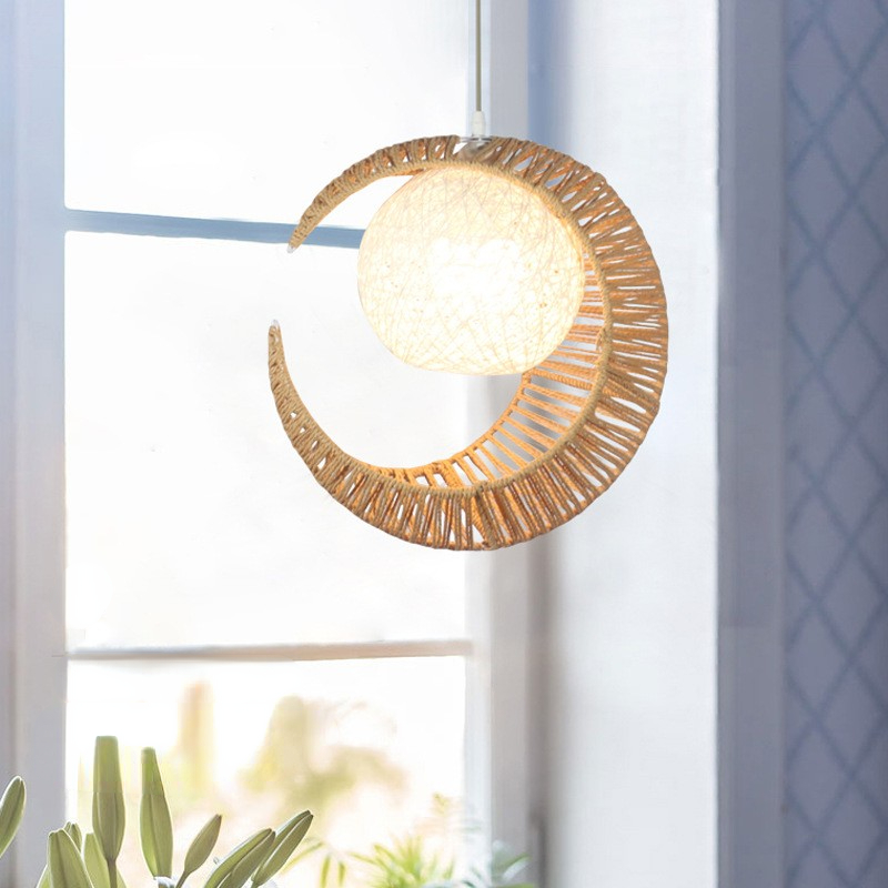 Creative Rattan And Rope Moon Pendant Lampshade For Living Room