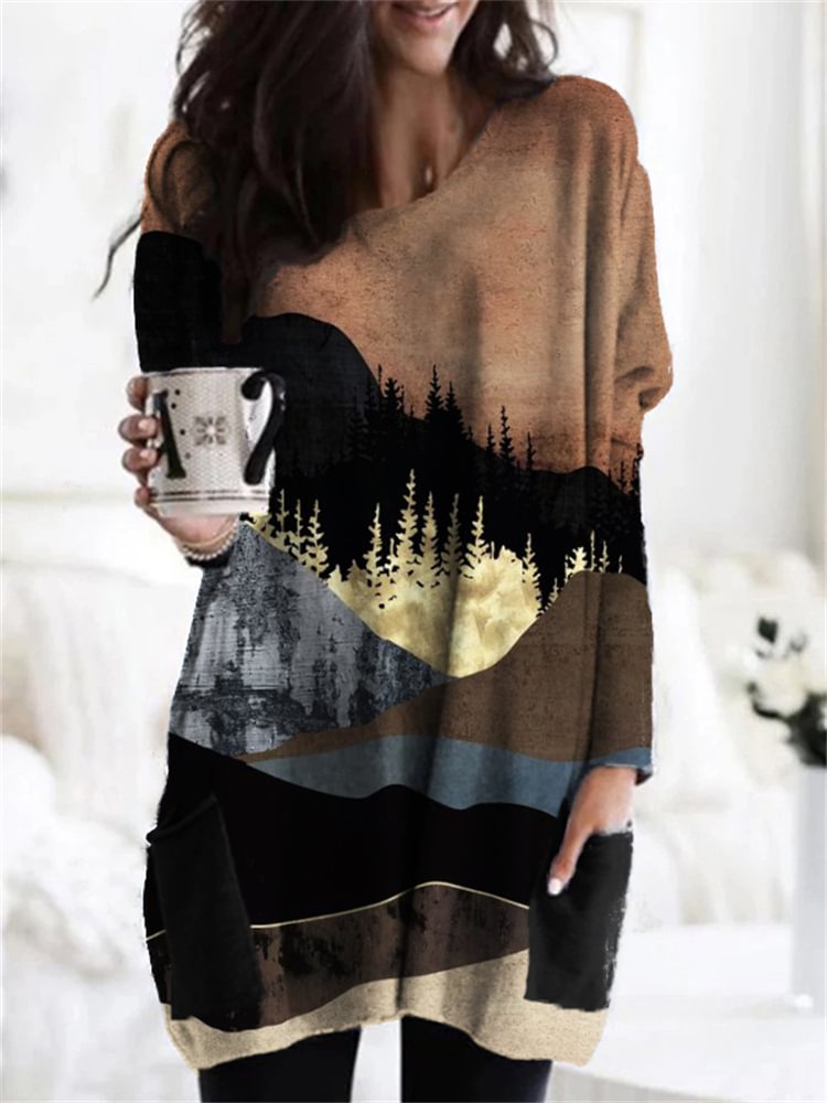 Vefave Mountains Landscape Glitter Art Patch Pocket Tunic