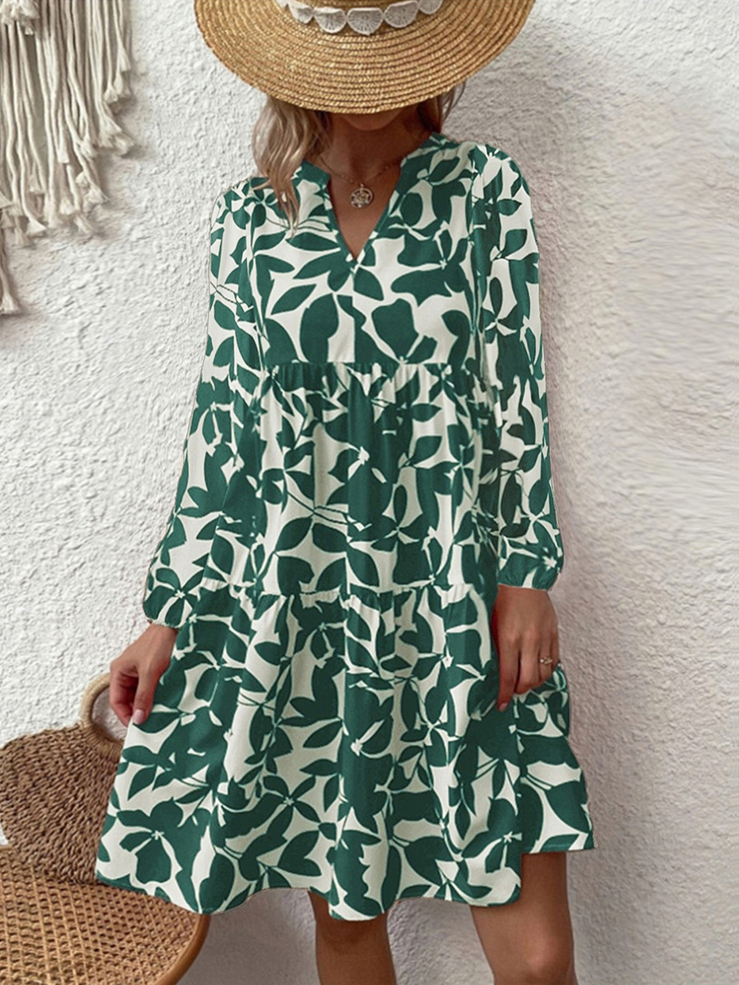 Women Green V-Neck Printed Tunic