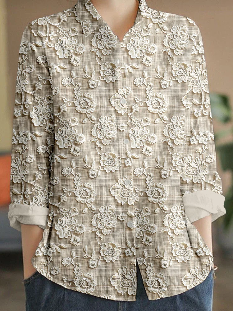 Vintage Floral Lace Embroidered Linen Blend Blouse