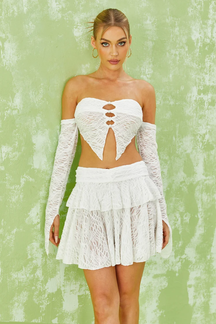 Lace Cut Out Off Shoulder Long Sleeve Irregular Crop Top Ruffle Tiered Mini Skirt Matching Set