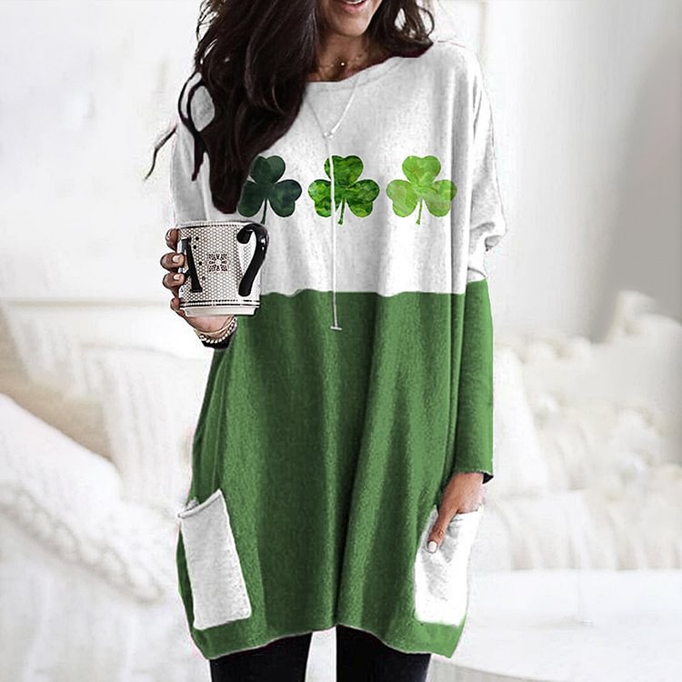 Comstylish Shamrock Print Round Neck Pocket Long Sleeve Tunic