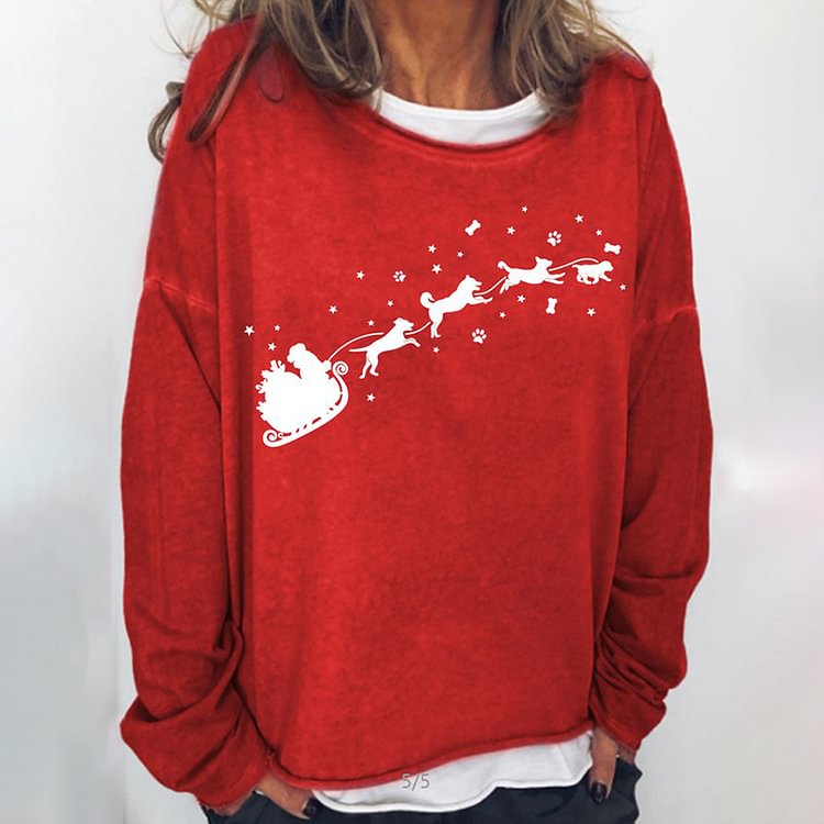 Vefave Loose Casual Dog Print Crew Neck Sweatshirt