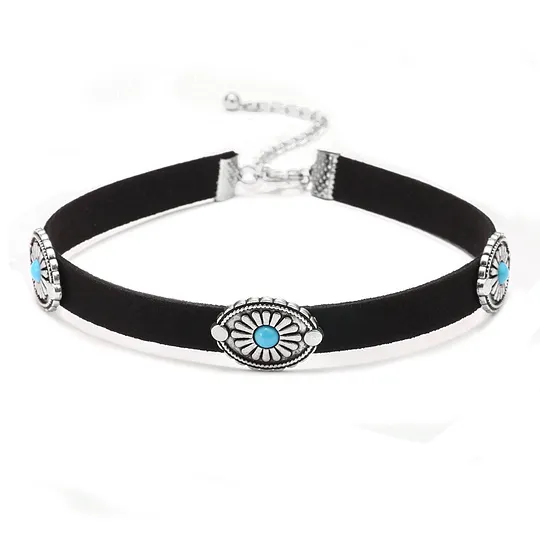 European and American Fashion Retro Necklace Metal Flower Plate Turquoise Velvet Necklace Choker Bohemian Necklace Collar