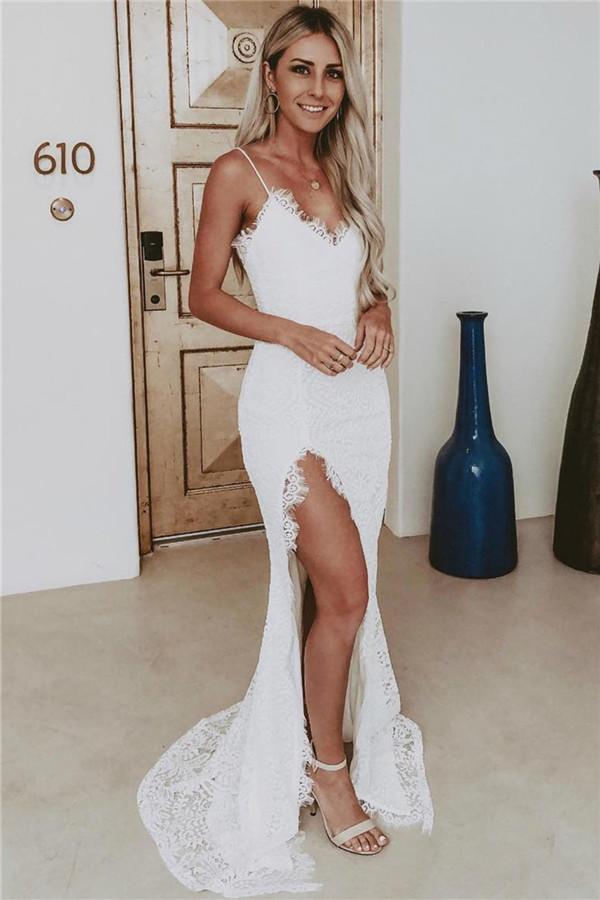 Dresseswow Summer Spaghetti-Straps Lace Prom Dress Mermaid With Slit