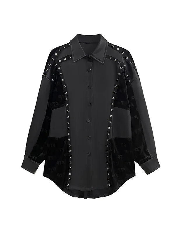 Punk Black Lapel Buttoned Split-Joint Patchwork Pu Leather Long Sleeve Velvet Shirt