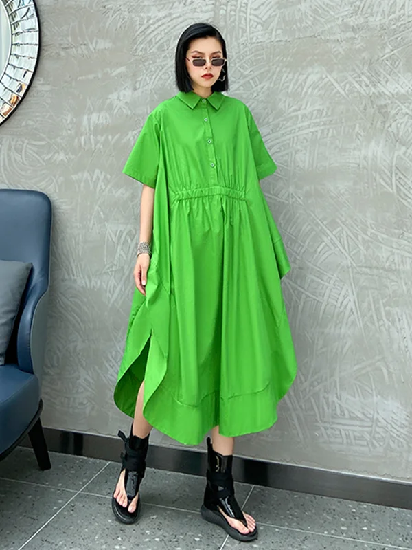 Women Irregular Solid Color Retro Casual Dress