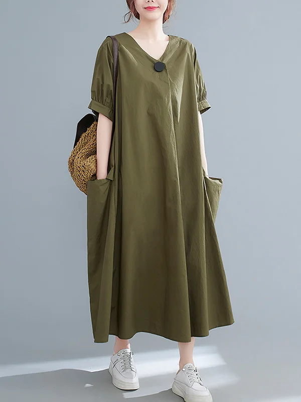 Casual Pure Color V-Neck With Pocket Midi Dress