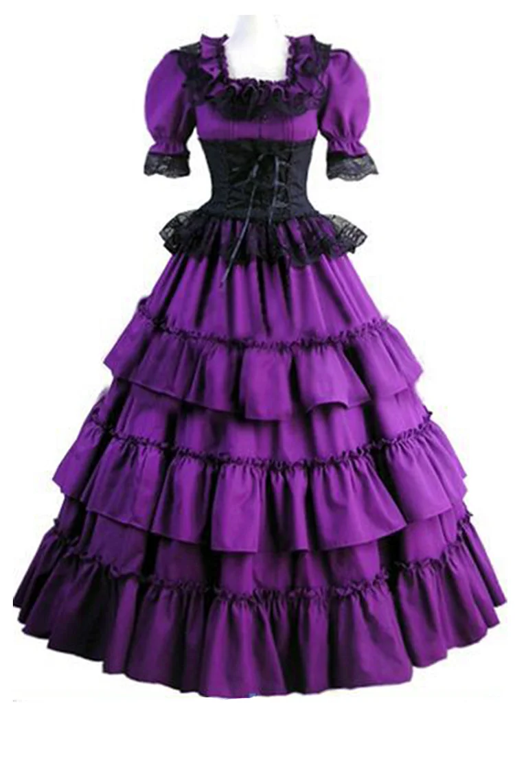 Gothic Purple Party Costume Patchwork Lace Up Multi Layer Ruffle Lace Lantern Sleeve Maxi Dress