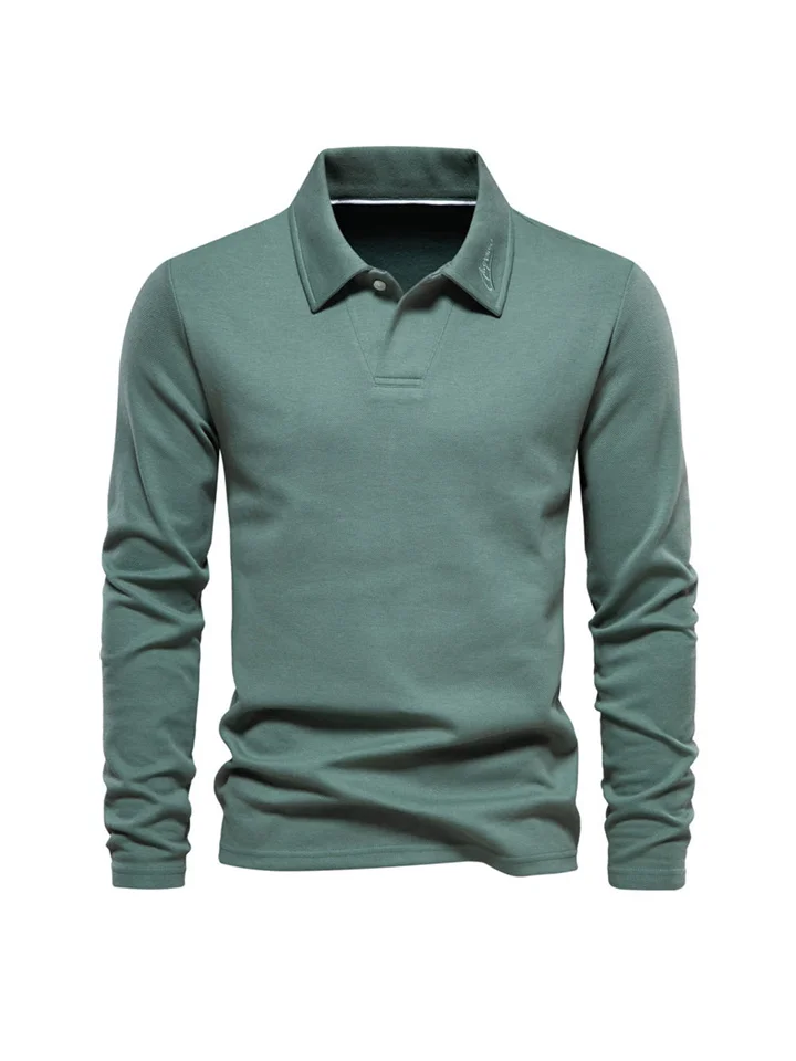V Collar Solid Color Washed Long-sleeved Slim Polo Shirt Men's Casual Solid Color Tops Turnover Collar Versatile Polo Shirt-JRSEE