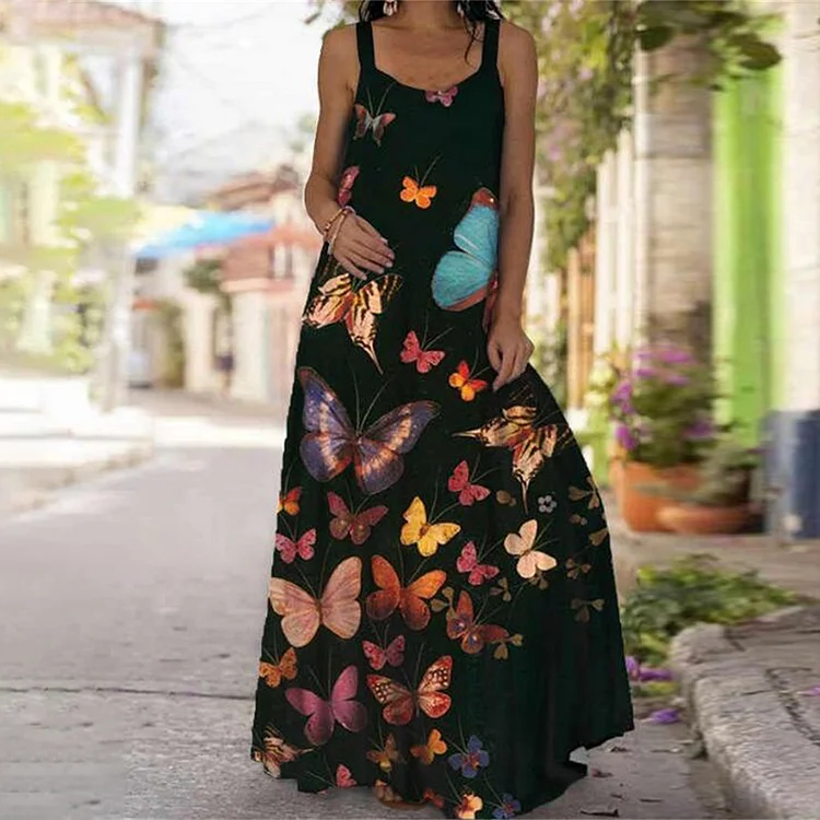 Slim slimming long big butterfly print dress