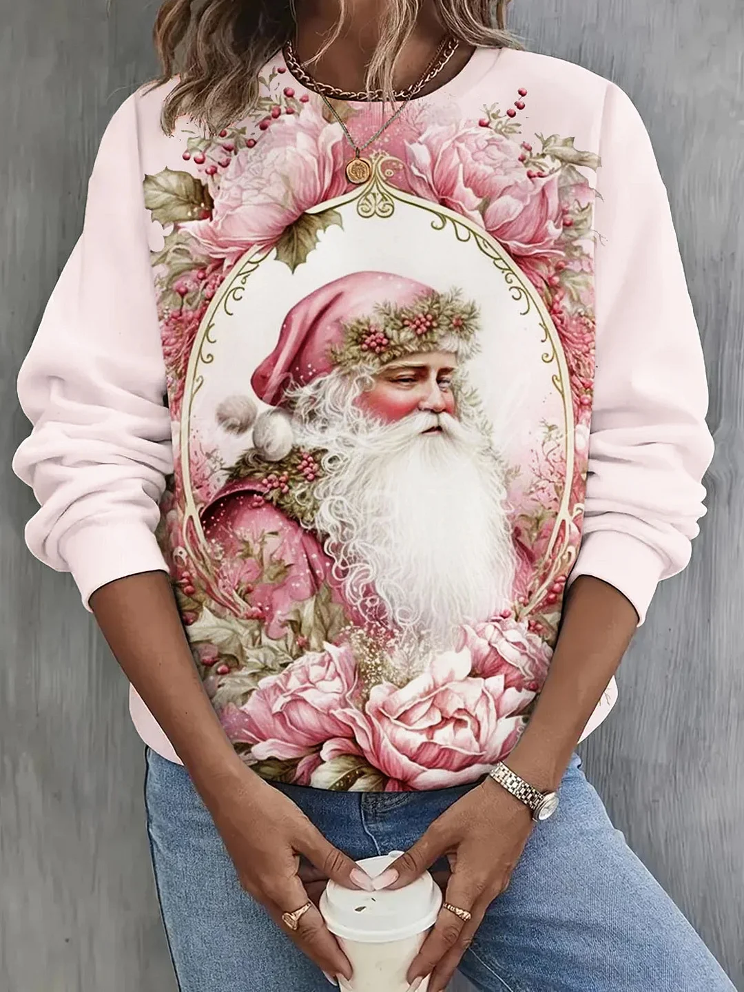 Women Long Sleeve Scoop Neck Santa Claus Floral Printed Christmas Tops