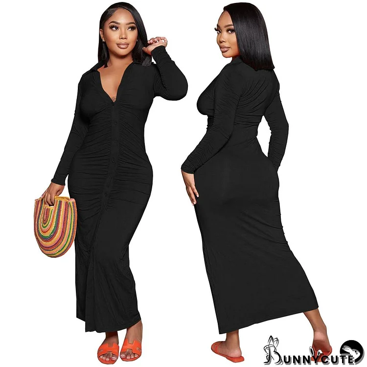 Women's Fall/Winter Ruched Solid Color Long Sleeve Sim Fitted Maxi Dress