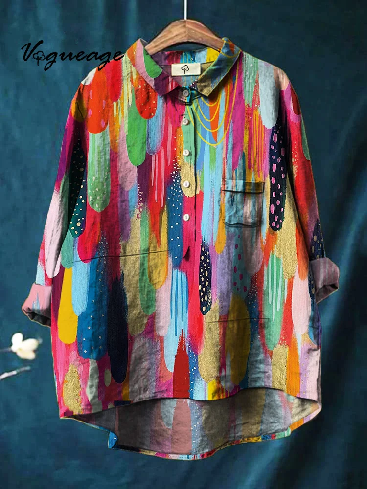 Colorful Bright And Fashionable Oil Spots Print Cotton And Linen Shirt