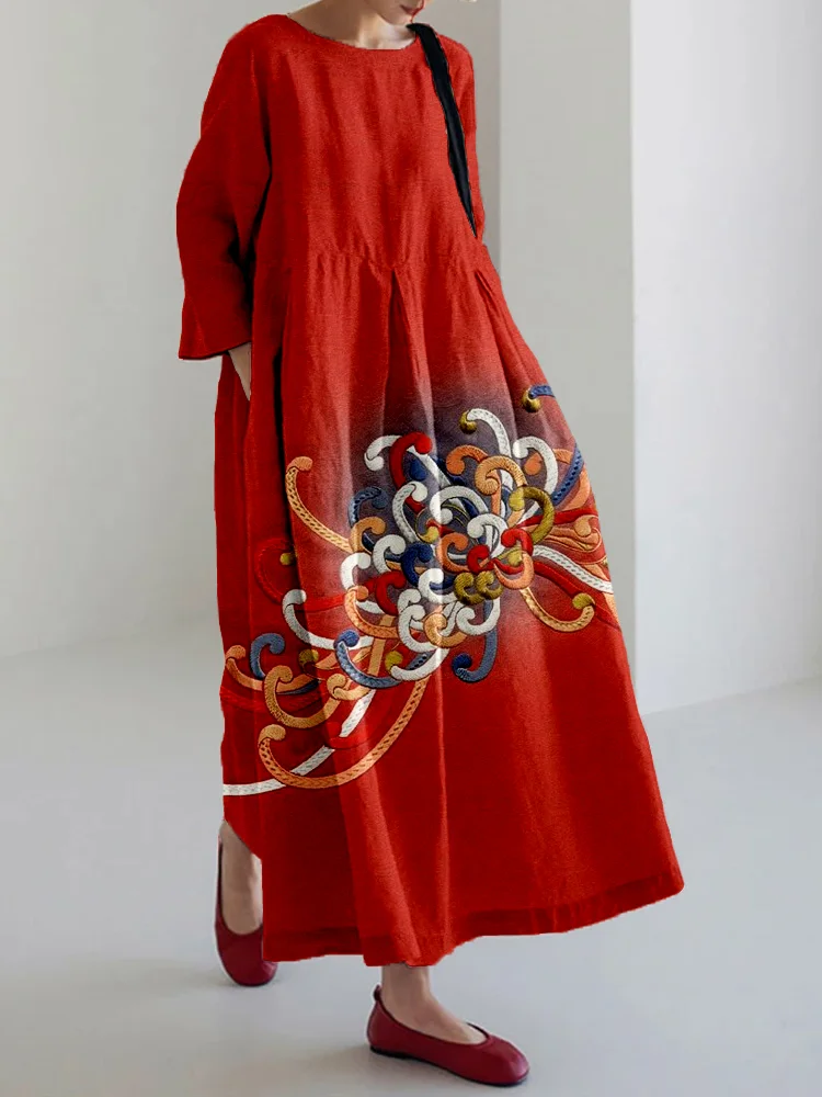 Comstylish Embroidered Japanese Flower Art Linen Blend Maxi Dress