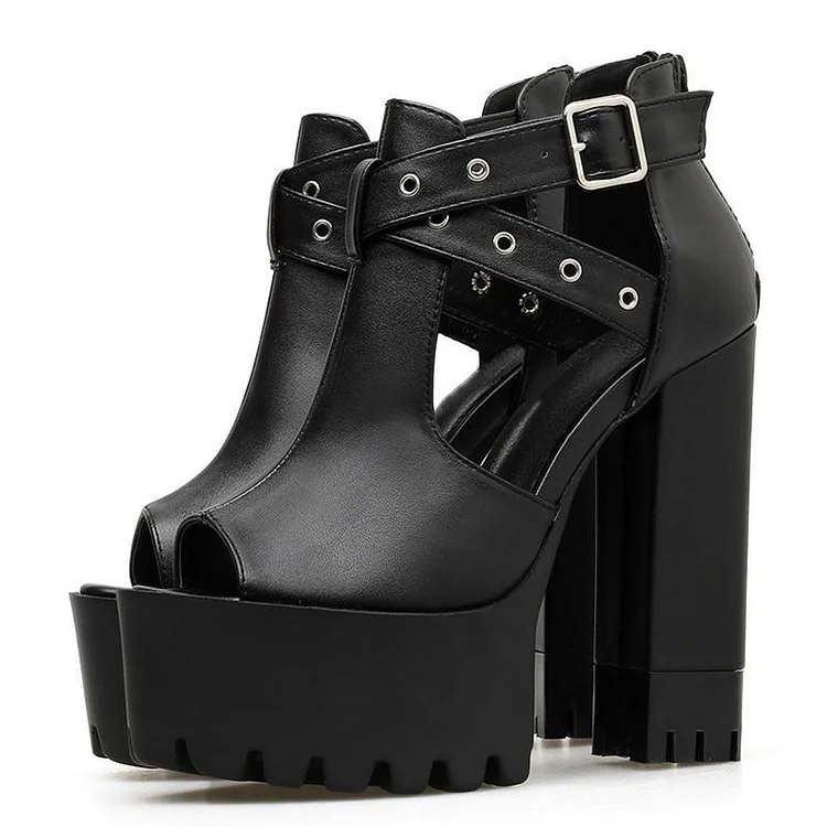 Gothic Eyelet Cross Straps Peep Toe Platform Shoes SP17373
