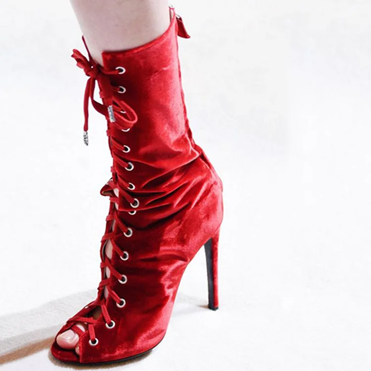 Red Velvet Peep Toe Lace Up Mid-Calf Boots with Stiletto Heels |FSJ Shoes