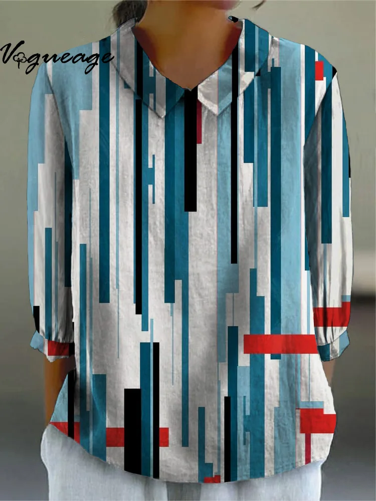 Simple Blue Lines Vertical Stitching Printed Cotton And Linen Shirt