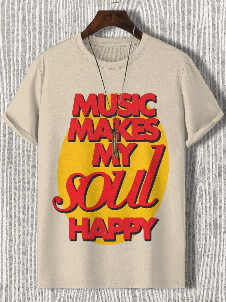 Men's Music Makes My Soul Happy Print Cotton Casual T-Shirt