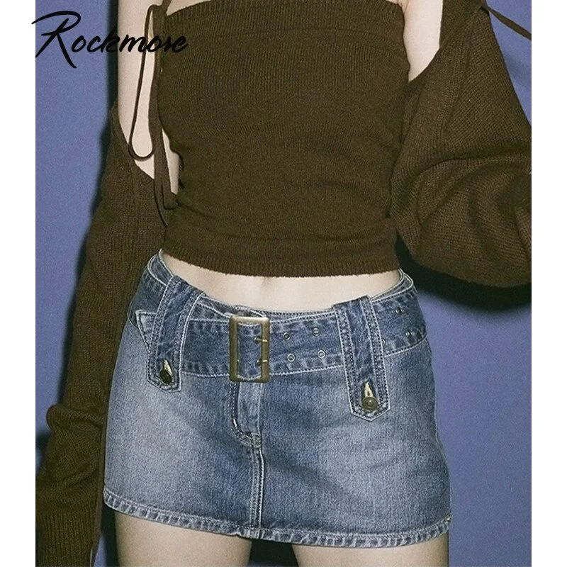 QJONG Rockmore Women'S Jeans Skirt Belt Mini Denim Skirt Korean Low Waist Straight Short Skirt Summer Harajuku Sexy Vintage 2021