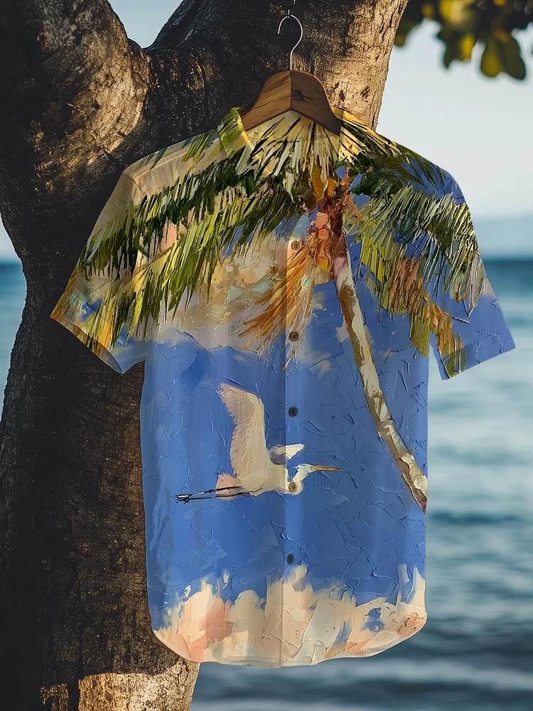 Men's Oil Painting Bird Coconut Tree Art Print Short Sleeve Shirt