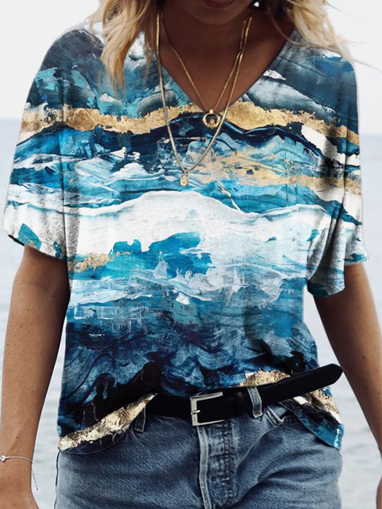 Comstylish Blue Abstract Art V Neck T Shirt