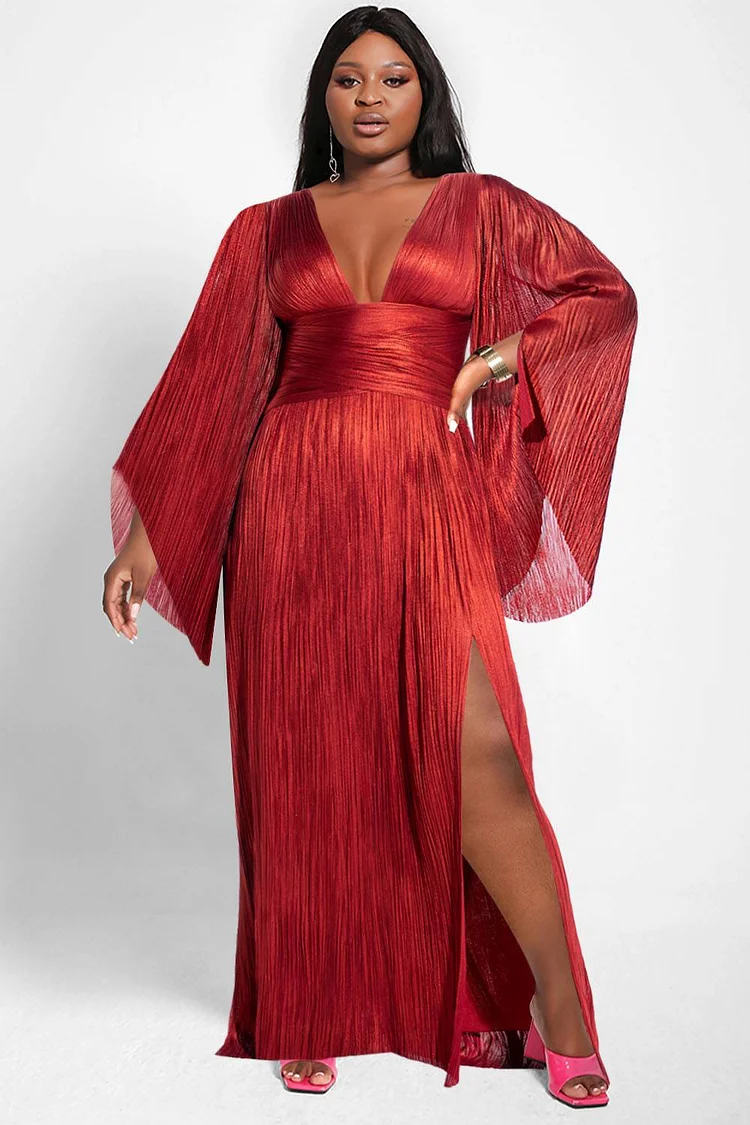 Plus Size Formal Dress Red V-Neck Bell Sleeves Glitter Maxi Dress [Pre-Order]