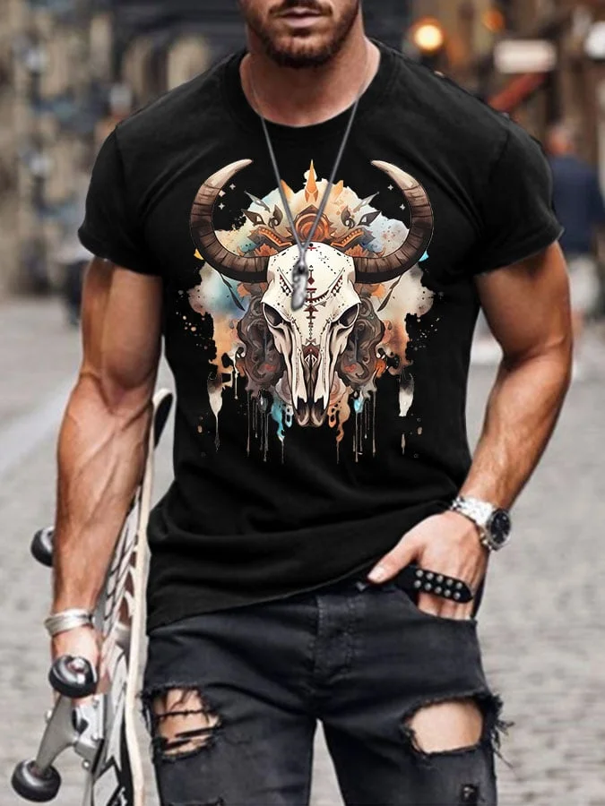 Men's Western Cow Skull Print T-Shirt