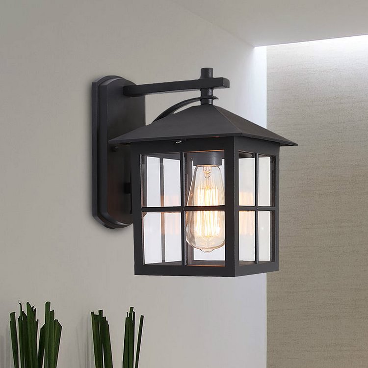 Black 1 Head Wall Sconce Light Lodges Clear Glass Cuboid Wall Lamp Fixture for Outdoor