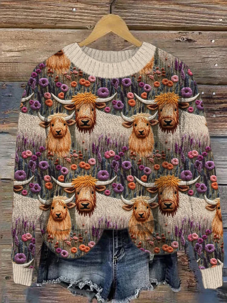 Flower Wild Cow Crew Neck Cozy Sweater