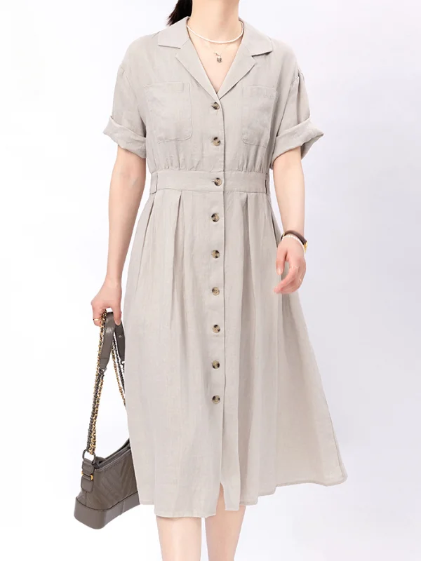 Literary Elegance Style Lapel Heavy Industry Linen Midi Dress