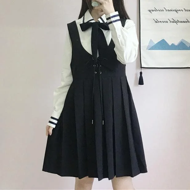 Preppy Style Sailor Bow Tie Shirt/Laced Suspender Dress S13154