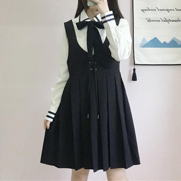 Preppy Style Sailor Bow Tie Shirt/Laced Suspender Dress S13154