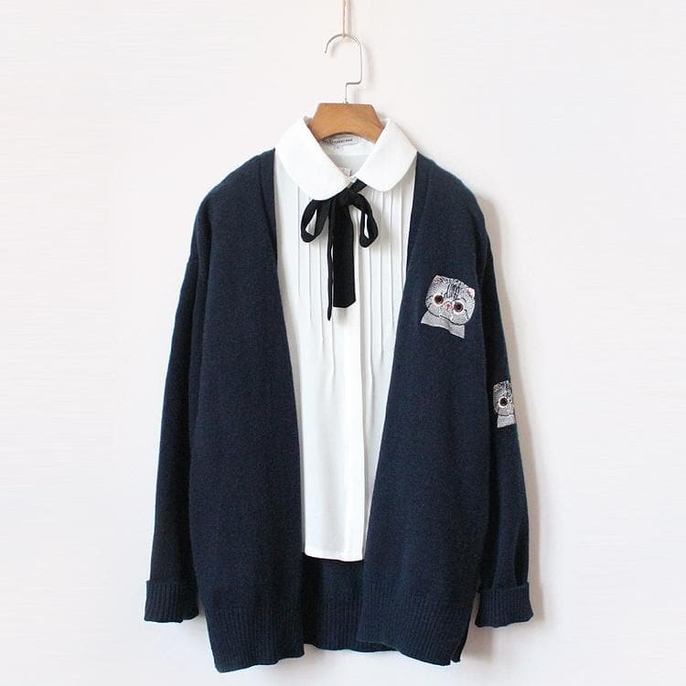 Yellow/Navy Kawaii Kitty Knitting Cardigan SP1811988