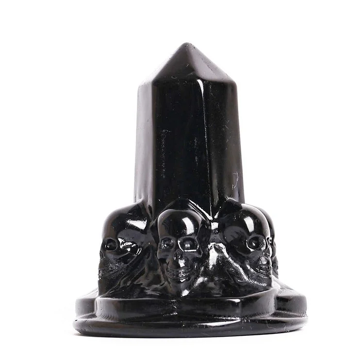 Black Obsidian Towers Points Bulk With Carving Skull Decor