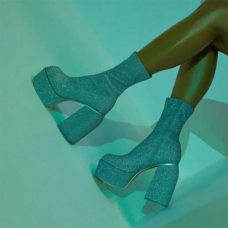 Silver Glitter Square Toe Chunky Heel Platform Ankle Boots |FSJ Shoes