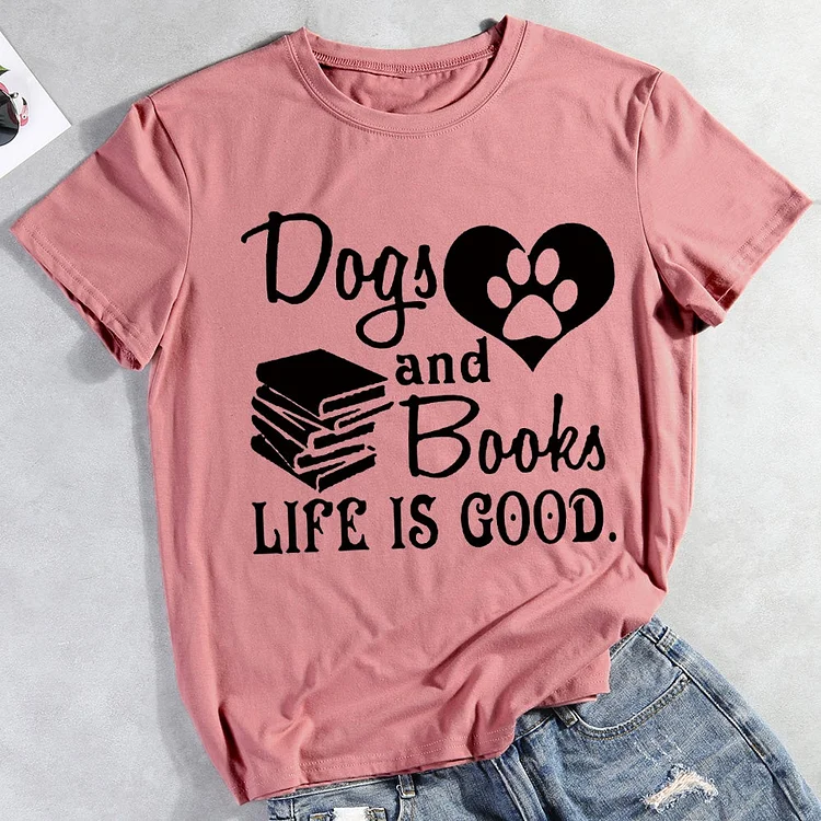 🥰Best Sellers - Womens, Dog And Books, Life Is Good T-shirt Tee - 01696