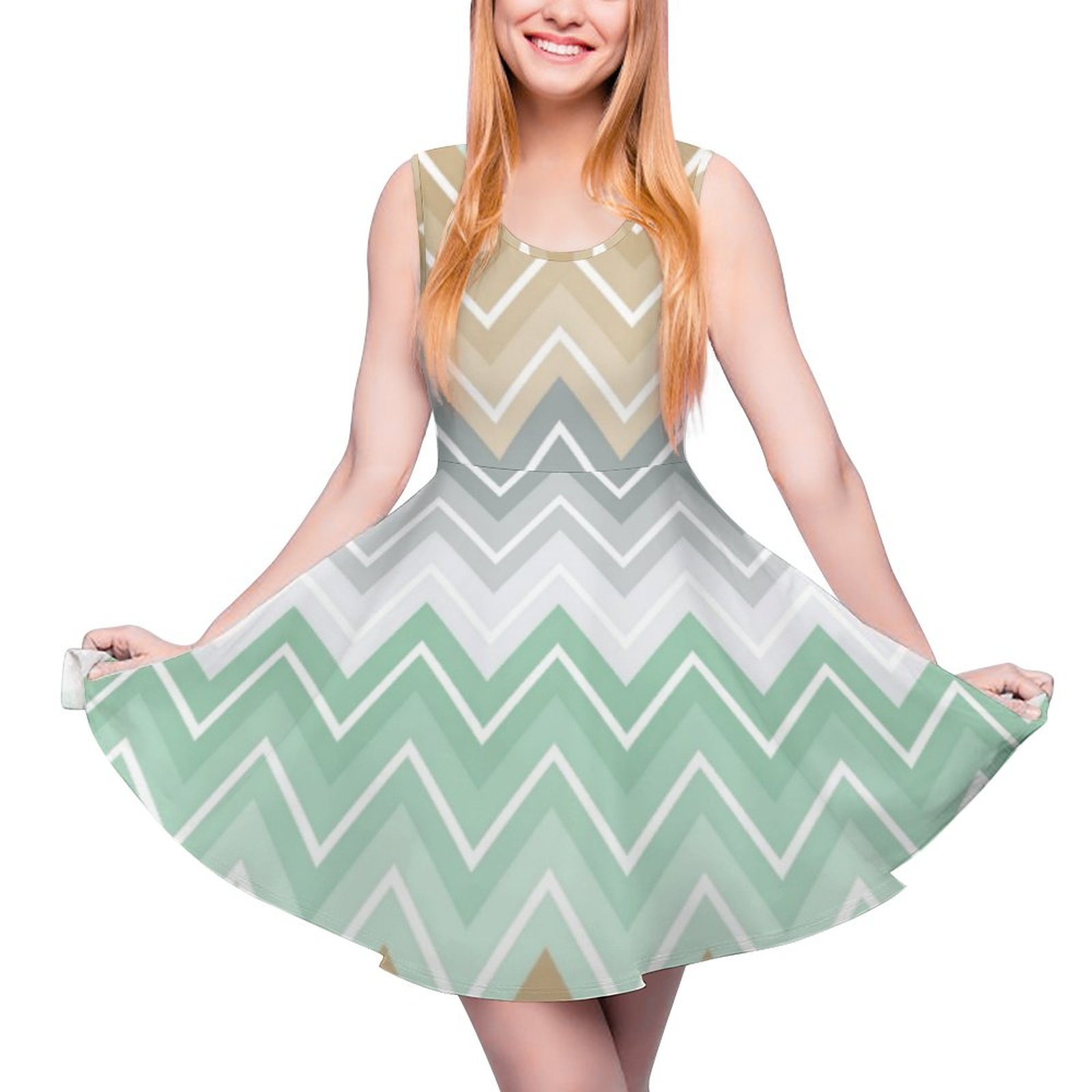 Chevron Stripes Mint Green Sleeveless Mini Skater Dress Summer Beach Vacation Cute Mini Dresses Green & Stripes-XL