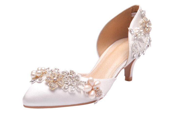 Women's White Low-cut Uppers Pearl Pointed Toe Kitten Heels Wedding Shoes |FSJ Shoes